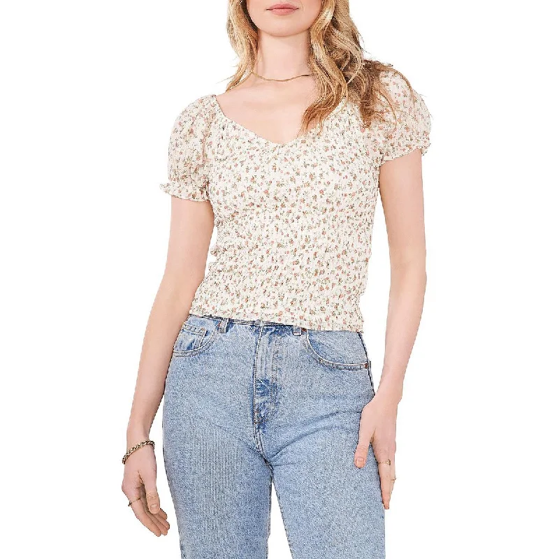 1.State Womens Off-The-Shoulder Smocked Blouse Delicate Bow Blouse