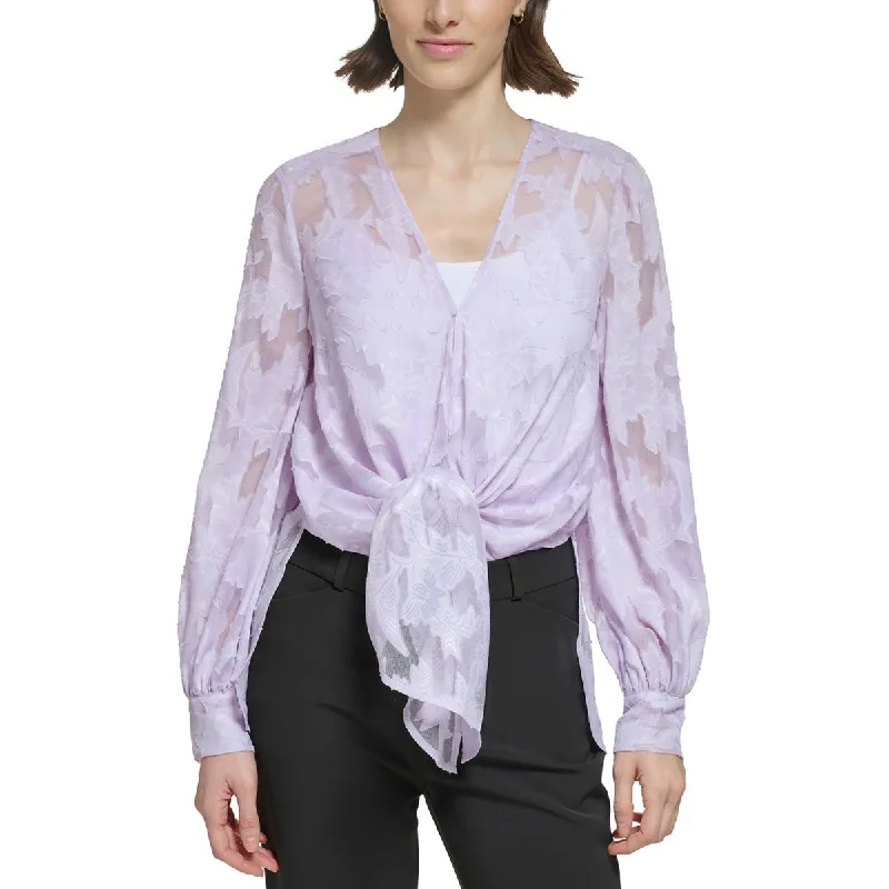 Donna Karan Womens Burnout Floral Blouse Lightweight Linen Blouse