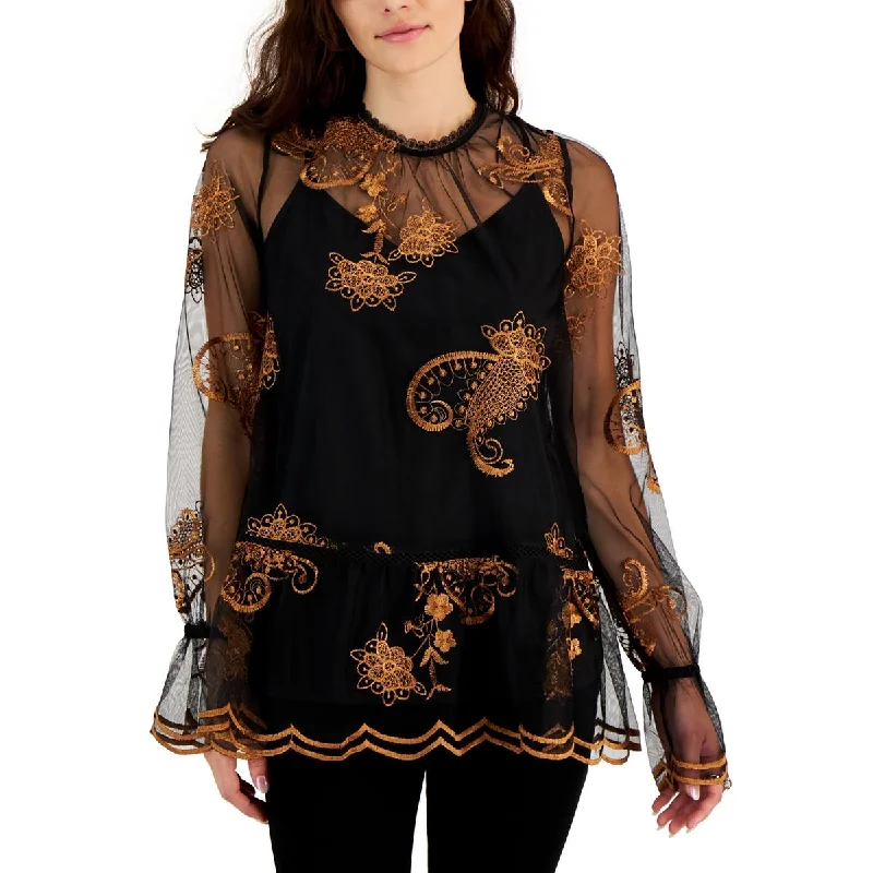 Fever Womens Mesh Embroidered Blouse Double Button Blouse