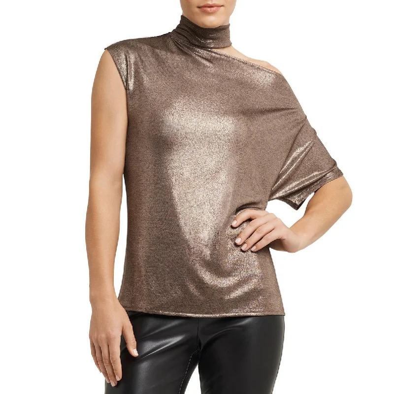 H Halston Womens Metallic Mock Neck Blouse Elegant Office Blouse