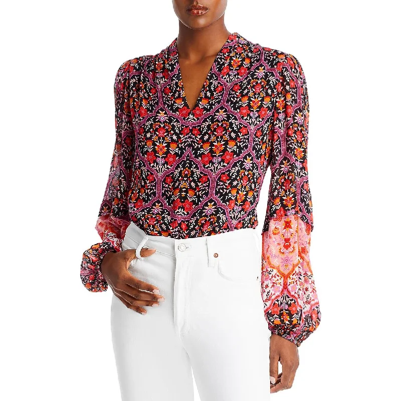 Kobi Halperin Womens Floral Print Split Neck Blouse Playful Puff Blouse