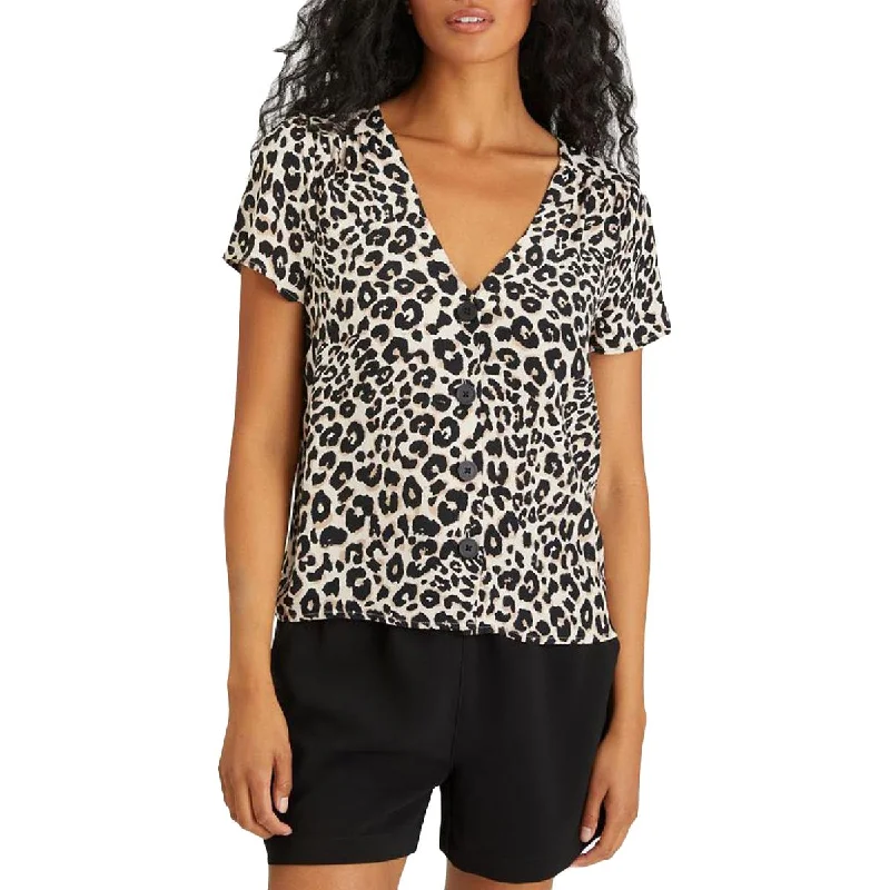 Sanctuary Womens Animal Print Short Sleeves Blouse Slim Fit Blouse