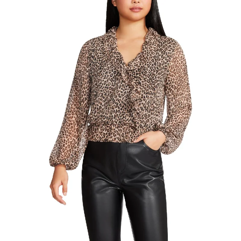 Steve Madden Women's Ruffled Chiffon Animal Print Blouse Side Tie Blouse