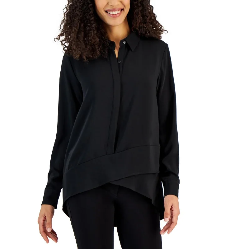 T Tahari Womens Overlap Long Sleeves Blouse Asymmetric Hem Blouse