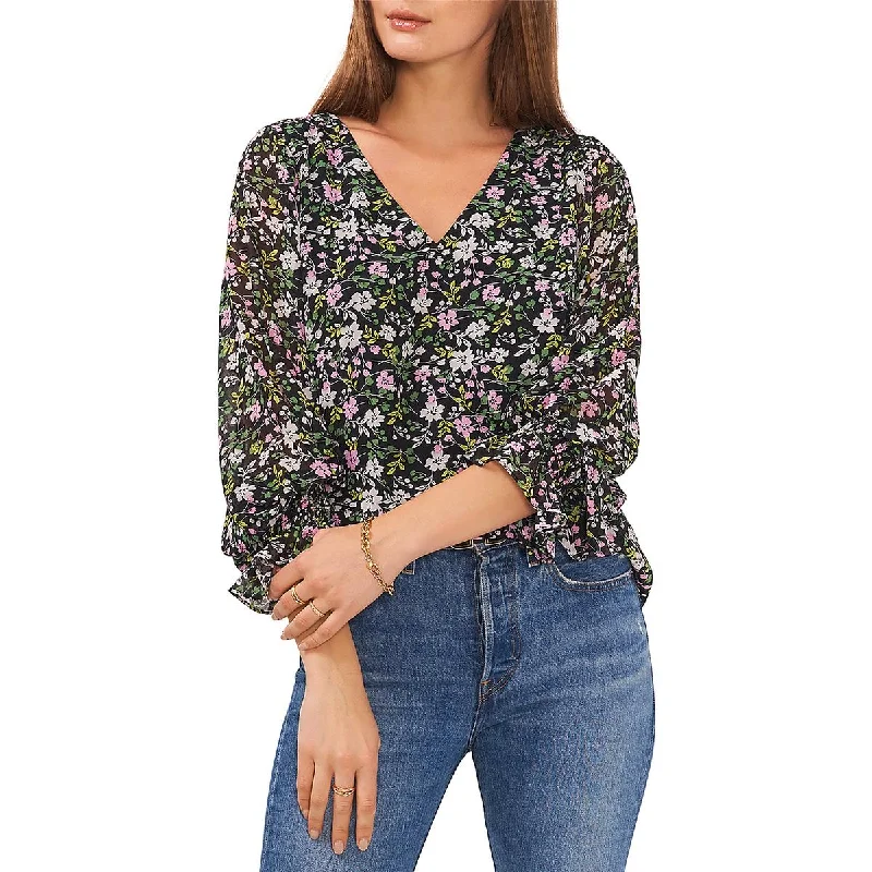 Vince Camuto Womens Floral Print V-Neck Blouse Relaxed Fit Blouse