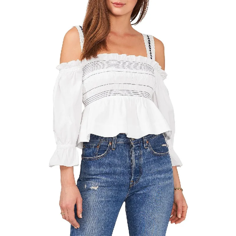 1.State Womens Off-The-Shoulder Smocked Blouse Cotton Casual Blouse