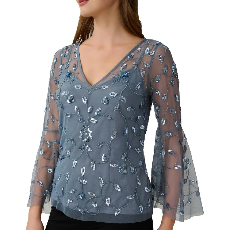 Adrianna Papell Womens Mesh Embellished Blouse Elegant Peplum Blouse