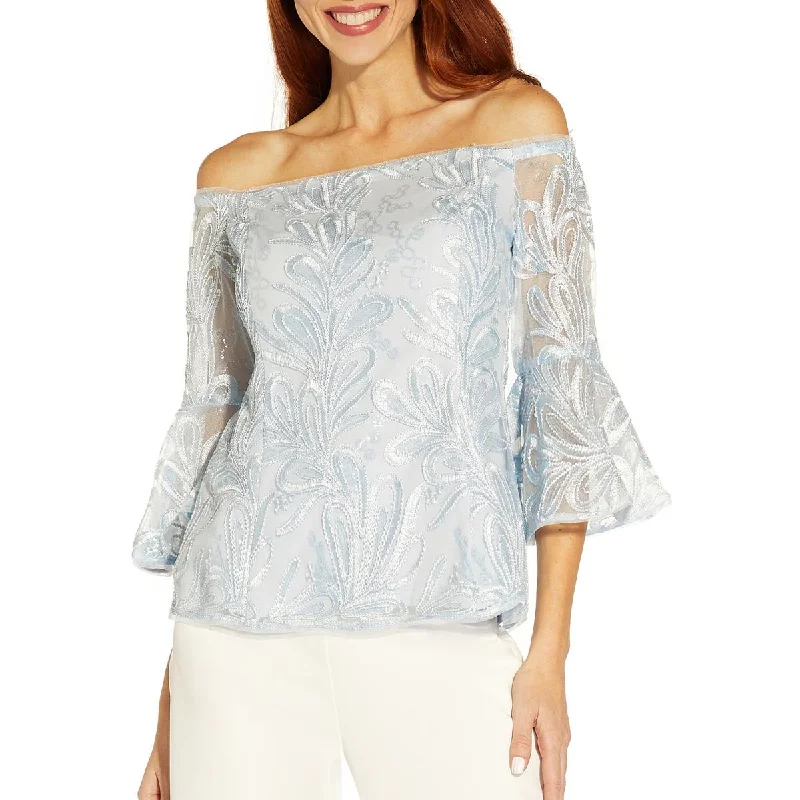 Adrianna Papell Womens Off-The-Shoulder Soutache Blouse Lightweight Chiffon Blouse