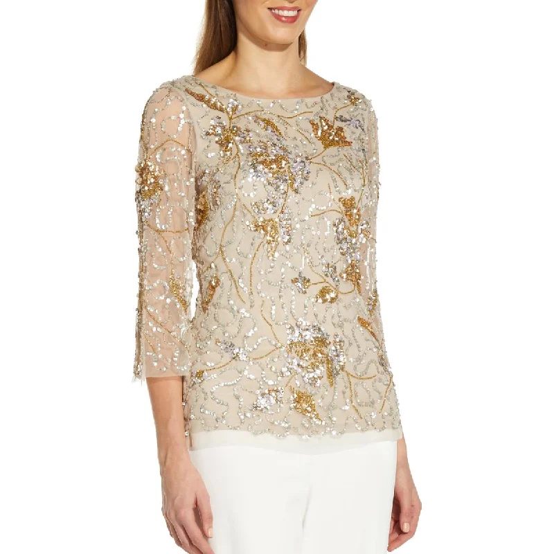 Adrianna Papell Womens Sequined Burnout Blouse Collared Satin Blouse