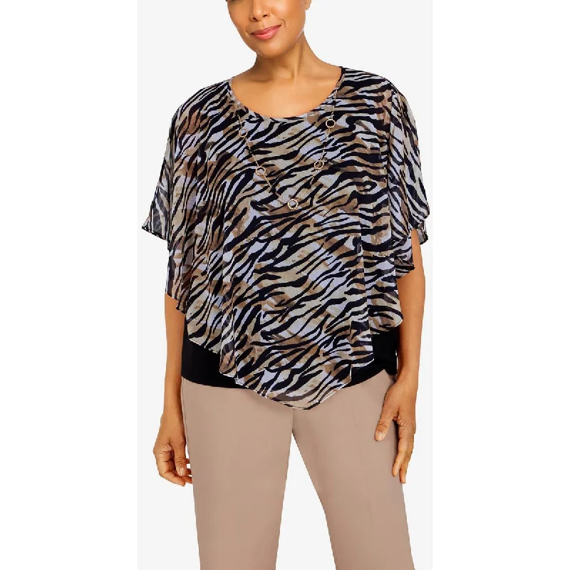 Alfred Dunner Womens Animal Print Drapey Blouse Chic Square Blouse