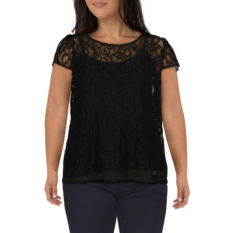 Black Tape_ Womens Plus Lace Cap Sleeve Blouse Elegant Lace Blouse