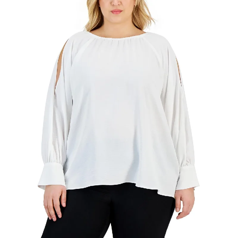 Calvin Klein Womens Plus Textured Cold Shoulder Blouse Cotton Casual Blouse