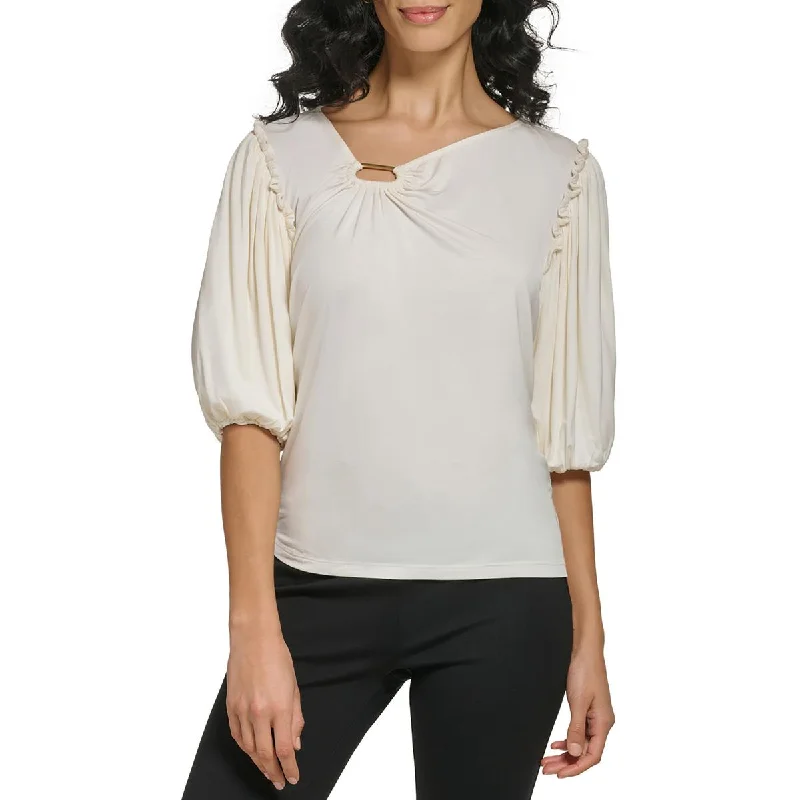 DKNY Womens Embellished Puff Sleeve Blouse Sleeveless Chiffon Blouse