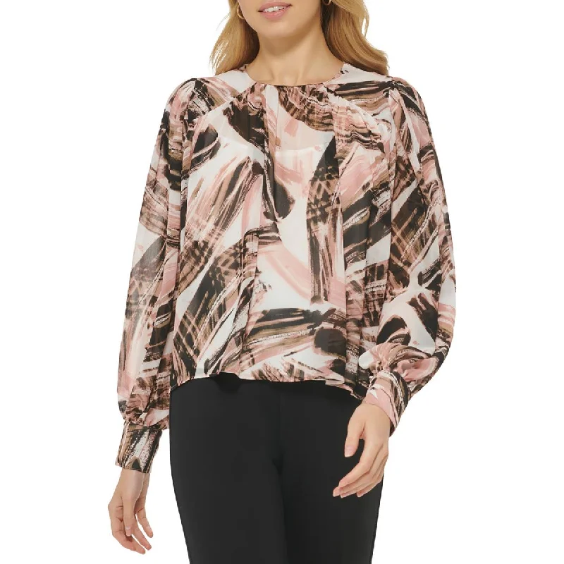 DKNY Womens Printed Dolman Blouse Oversized Silk Blouse