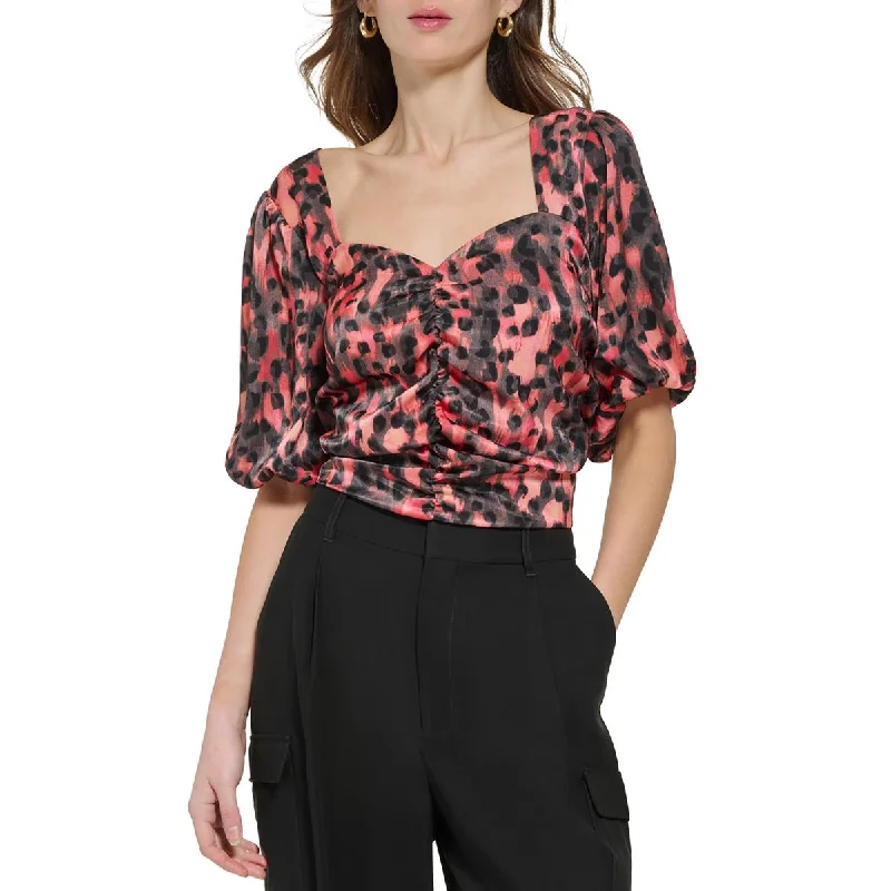 DKNY Womens Sweetheart Neck Printed Blouse Delicate Pleat Blouse