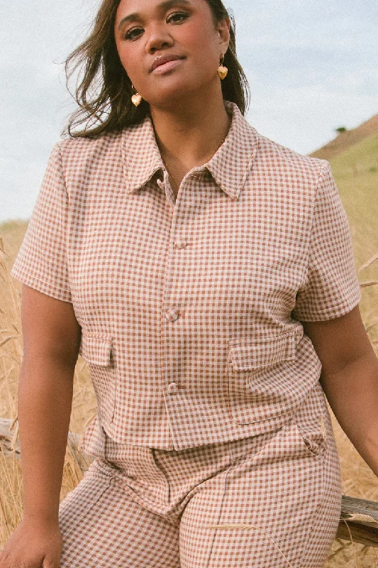 Drew Blouse in Tan Gingham Modern Work Blouse