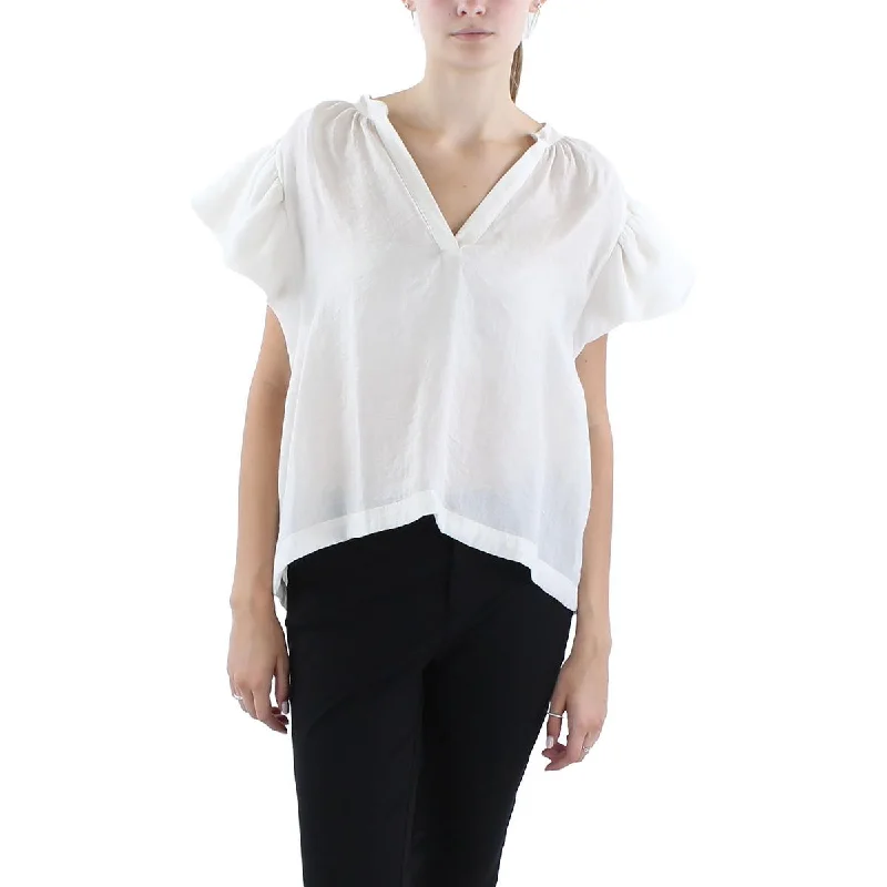 Jonathan Simkhai Womens Ayme Ruffled Tencel Blouse Sheer Sleeve Blouse