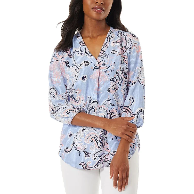 Jones New York Womens Paisley V-Neck Blouse Frilled Cuff Blouse