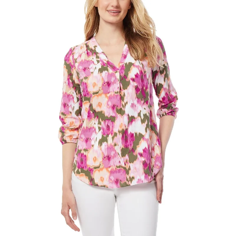 Jones New York Womens V-Neck Printed Blouse Casual Relaxed Blouse