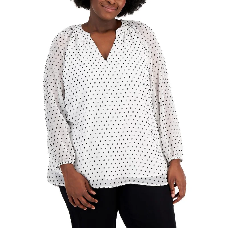 Kasper Womens Plus Chiffon Swiss Dot Blouse Versatile Layering Blouse