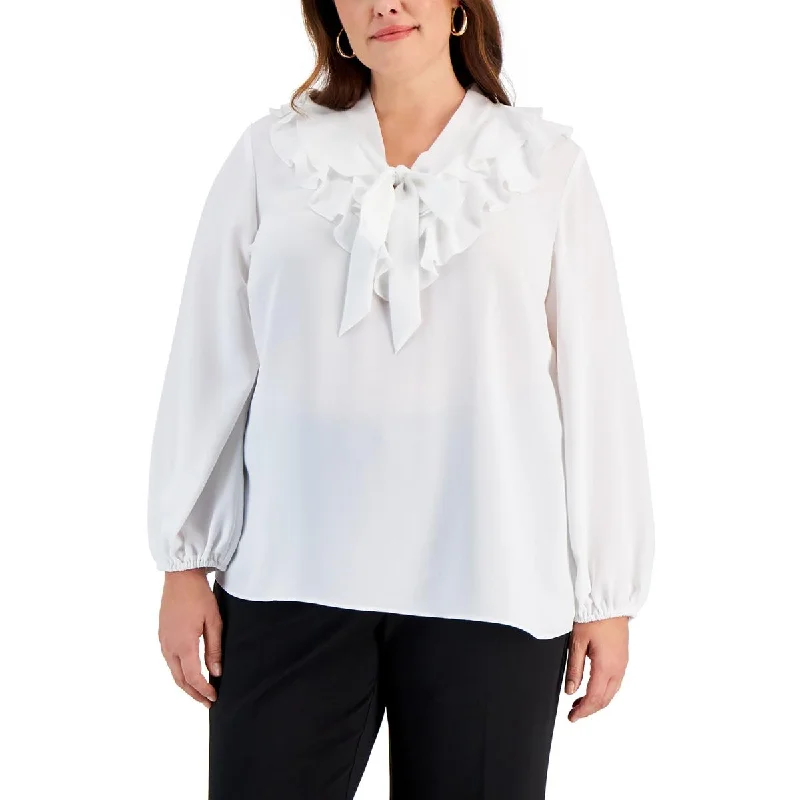 Kasper Womens Plus Ruffled Tie Neck Blouse Airy Cotton Blouse