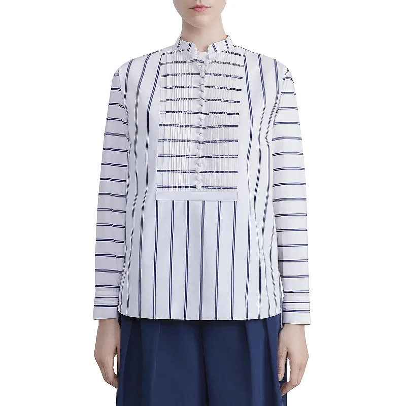 Lafayette 148 New York Womens Pintuck Striped Blouse Sheer Mesh Blouse