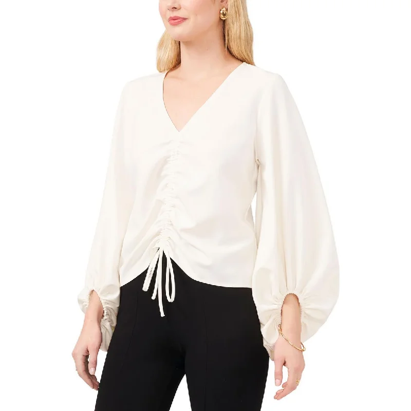 MSK Womens Petites Ruched Puff Sleeves Blouse Silky Draped Blouse