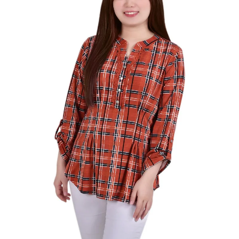 NY Collection Womens Petites Plaid  Blouse Satin Bow Blouse