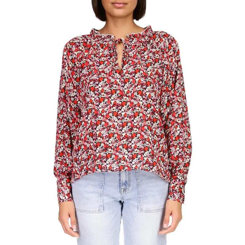 Sanctuary Womens Floral Print Ruffle Neck Blouse Mandarin Collar Blouse