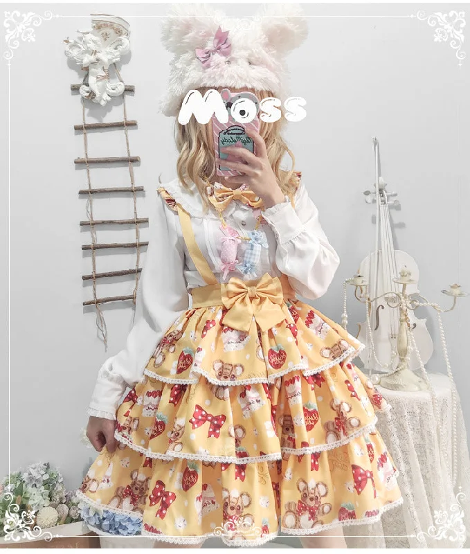 Eieyomi~Strawberry Cake Bear~Kawaii Lolita SK and Blouse Side Tie Blouse