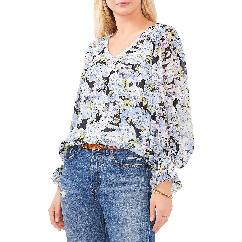 Vince Camuto Womens Floral Print V-Neck Blouse Floral Chiffon Blouse