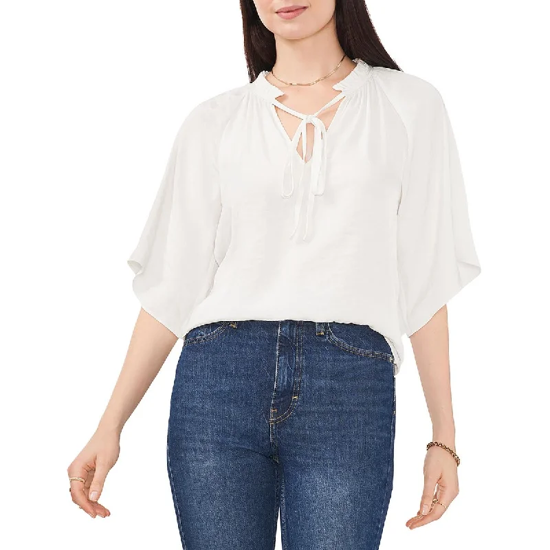 Vince Camuto Womens Sheer Ruffle Split Neck Blouse Semi-Sheer Blouse