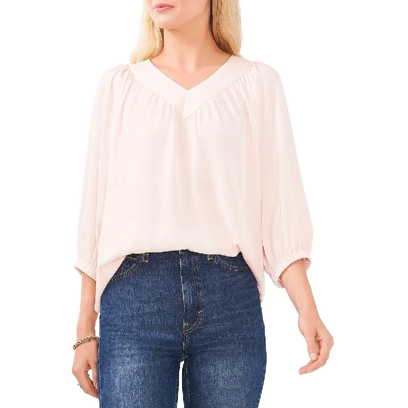 Vince Camuto Womens Shirring V-Neck Blouse Ruffled Neck Blouse