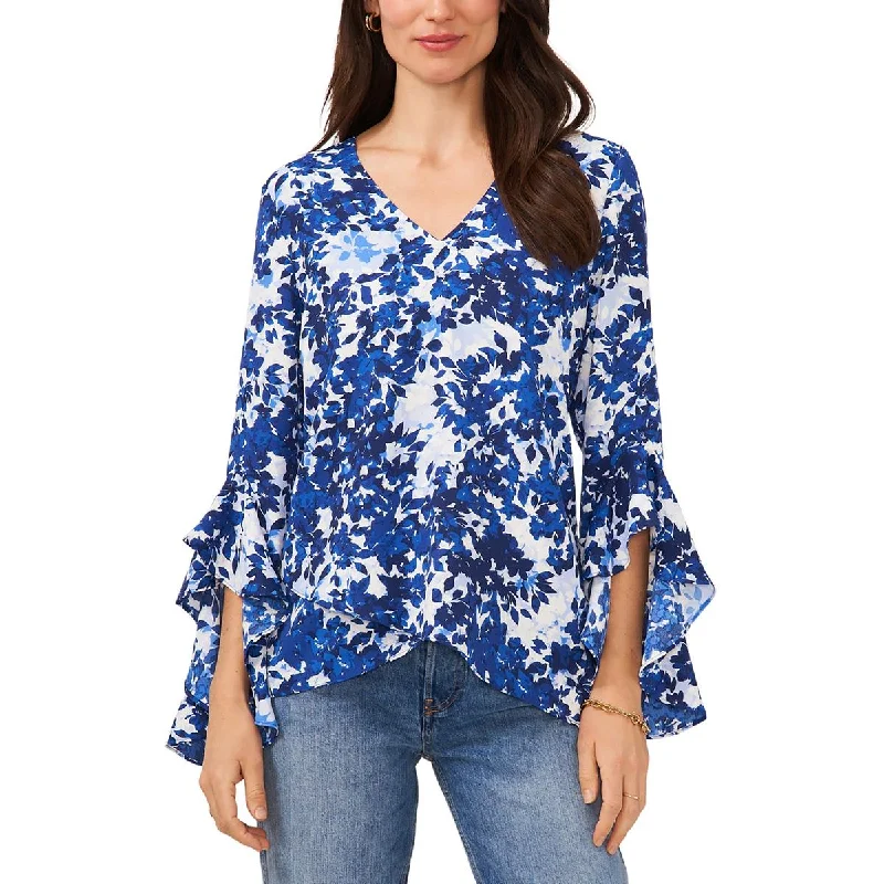 Vince Camuto Womens V-Neck Floral Print Blouse Feminine Ruffle Blouse