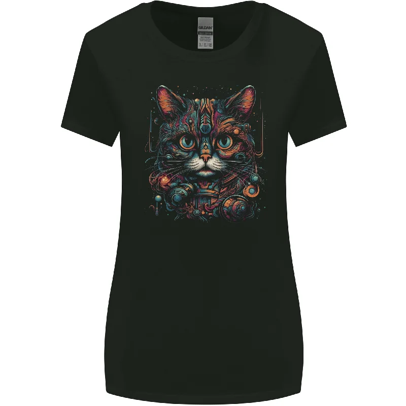 Astral Cat With Fantasy Tribal Markings Womens Wider Cut T-Shirt Notch Collar Peter Pan Collar Cowl Neck