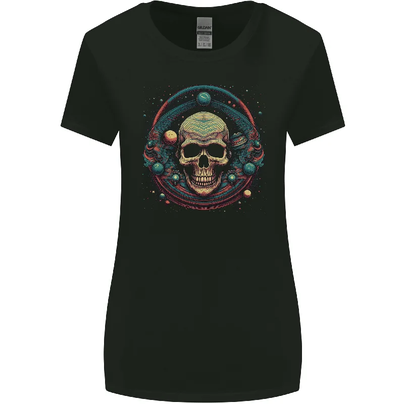 Astro Skull Planets Universe Space Womens Wider Cut T-Shirt Beaded Sequined Faux Fur