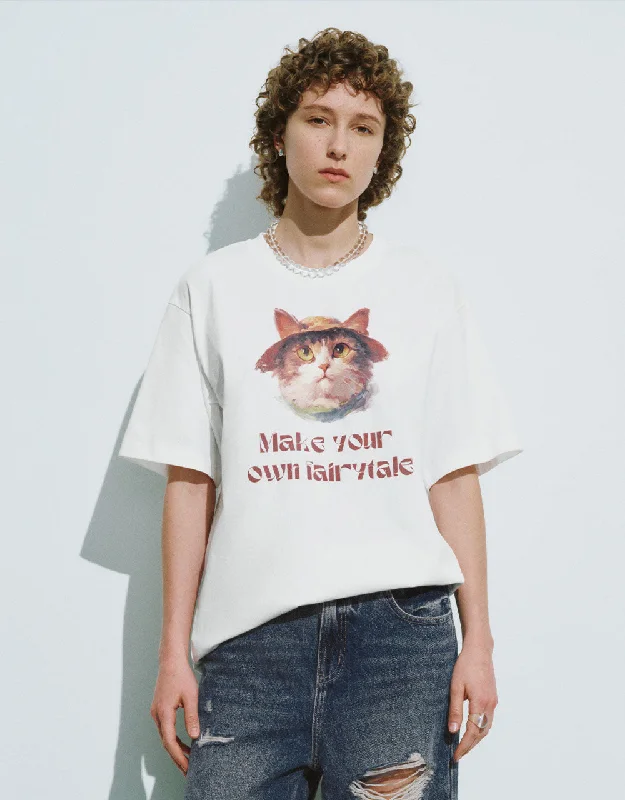 Cat Printed Crew Neck Loose T-Shirt Collared T-Shirt Boat Neck A-Line