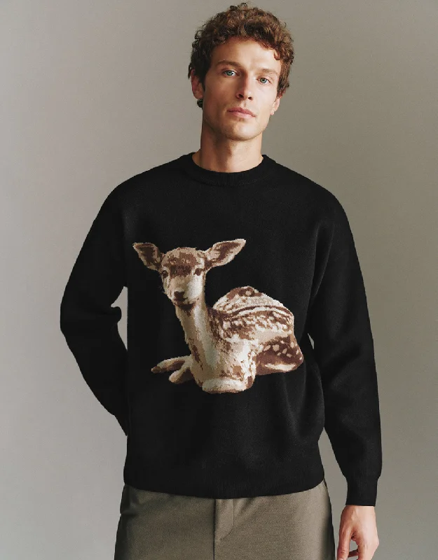 Deer Embroidered Knitted T-Shirt Houndstooth Herringbone Solid