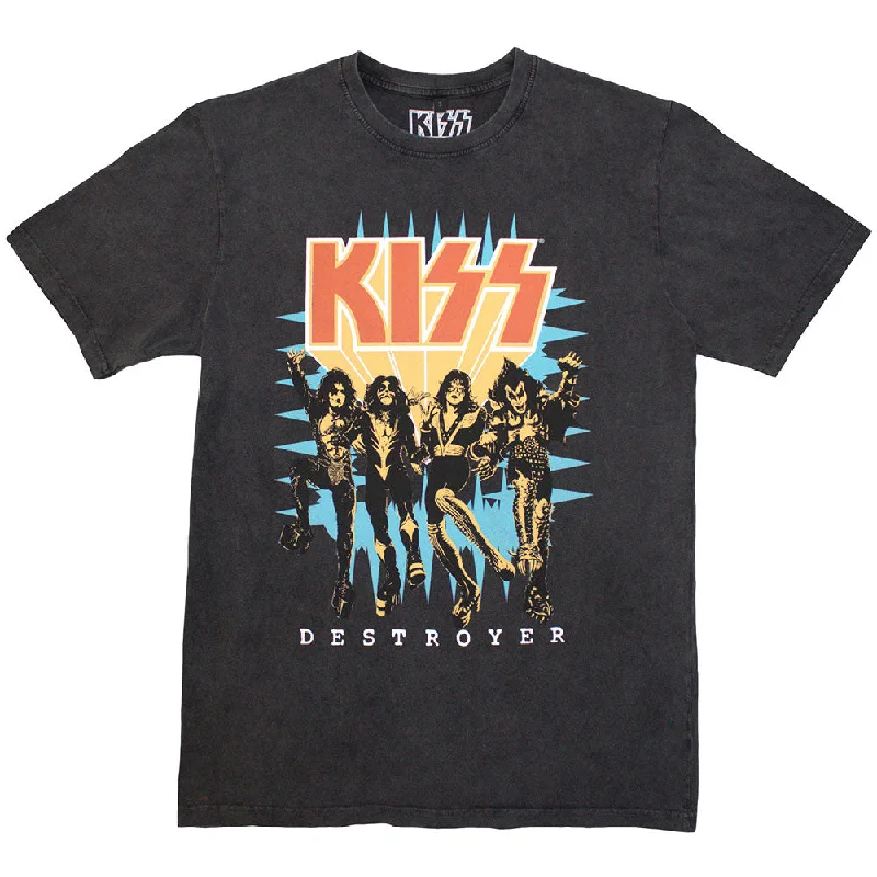 KISS | Official Stone Wash Band T-Shirt | Destroyer 3D Logo Stone Wash Wool Fabric Cashmere Fabric Tweed Fabric