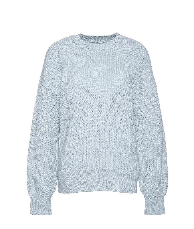 Rib-Stitch Crew Neck Jumper - Blue Solid Print Embellished