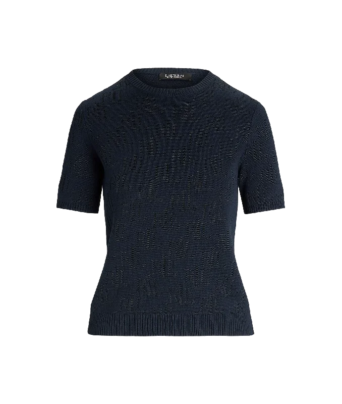 Monogram Jacquard Short-Sleeve Jumper - Navy Fitted Loose Oversized