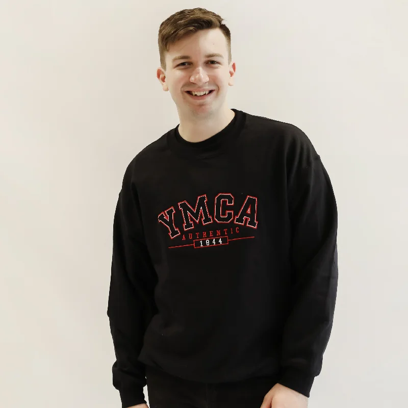 YMCA Authentic Signature Crew Neck Jumper - Black Embroidered Appliqued Beaded