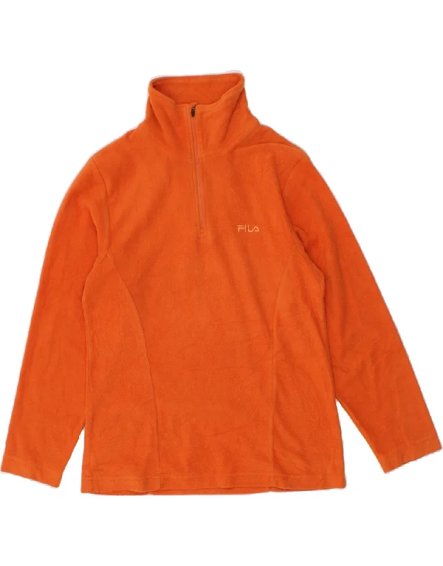 FILA Womens Zip Neck Fleece Jumper UK 12 Medium Orange Zippered Buttoned Snapped