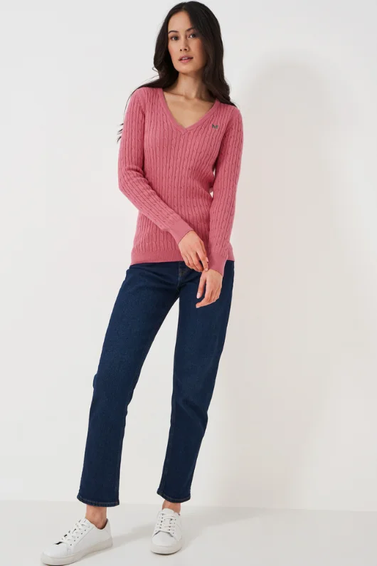 Heritage Cable Knit Cotton Cashmere V-Neck Jumper Bright Pastel Dark