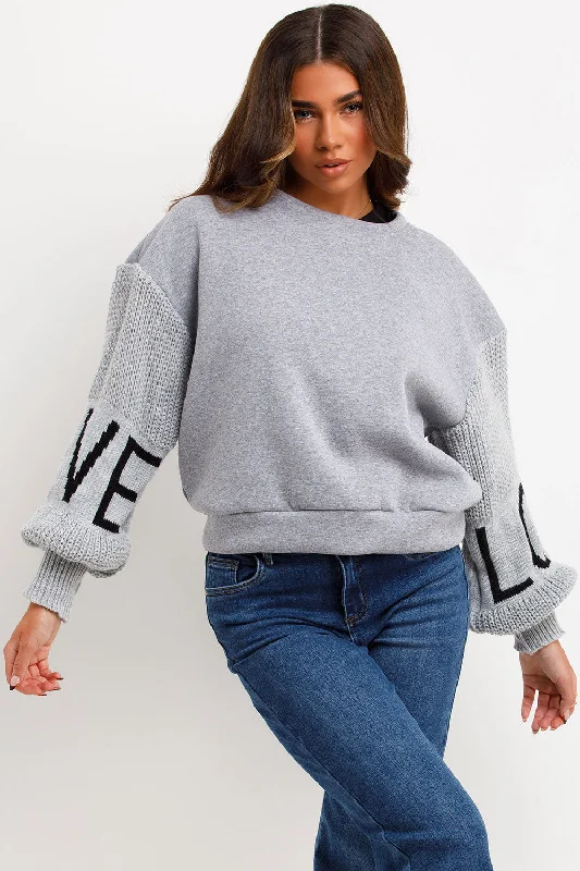 Jumper With Knitted Sleeves Love Slogan Grey Machine Wash Dry Clean Hand Wash