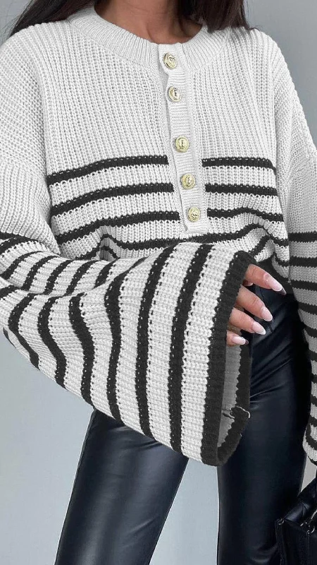 Koa Cream & Black Button Detail Jumper Ribbed Striped Patterned