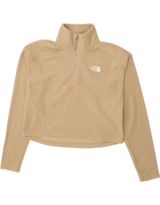 THE NORTH FACE Womens Crop Zip Neck Fleece Jumper UK 10 Small Beige Mesh Fabric Canvas Fabric Denim Fabric