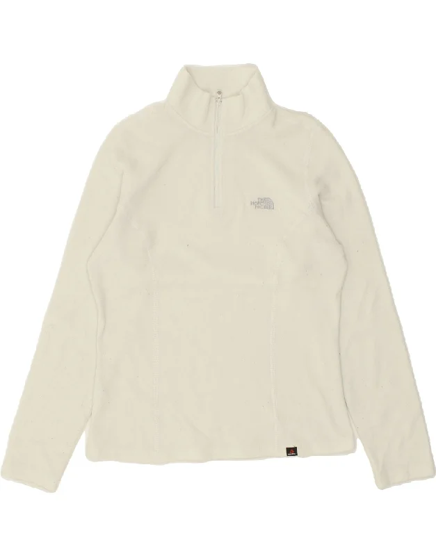 THE NORTH FACE Womens Zip Neck Fleece Jumper UK 14 Medium Off White Front Pockets Side Pockets Patch Pockets