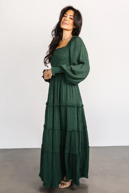 Amanda Smocked Dotted Maxi Dress | Evergreen Trendy V-Neck Maxi Dress