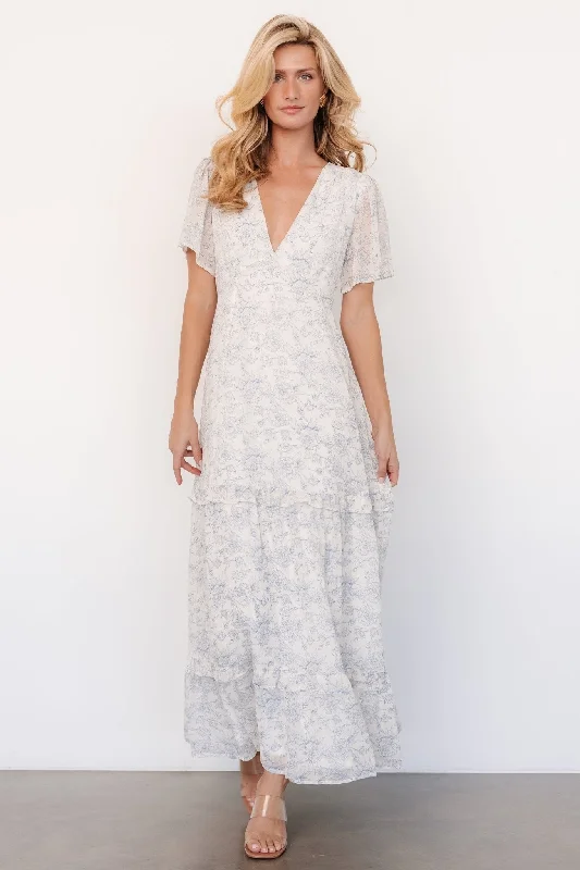 Audrey Deep V Maxi Dress | Off White + Blue Floral Trendy Fit-and-Flare Maxi Dress